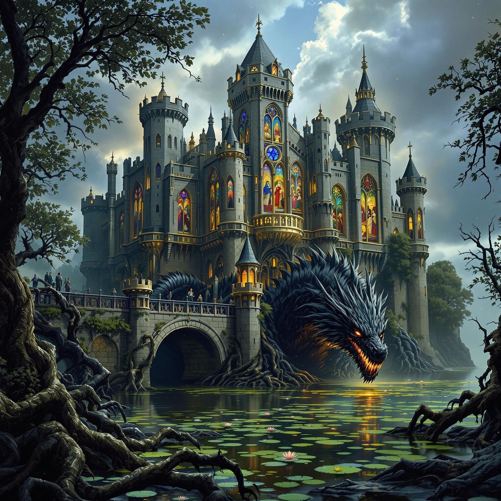 Majestic Medieval Castle with Drawbridge and Dragon