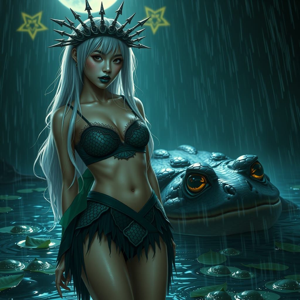 Luminous Woman in Rainy Swamp, Inspired by Simon Stalenhag