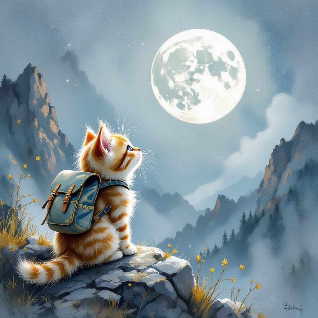 Cute Kitten Gazes at Silver Moon in Fantasy Watercolor