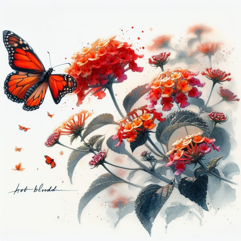 Monarch Butterfly and Lantana in Watercolor Style