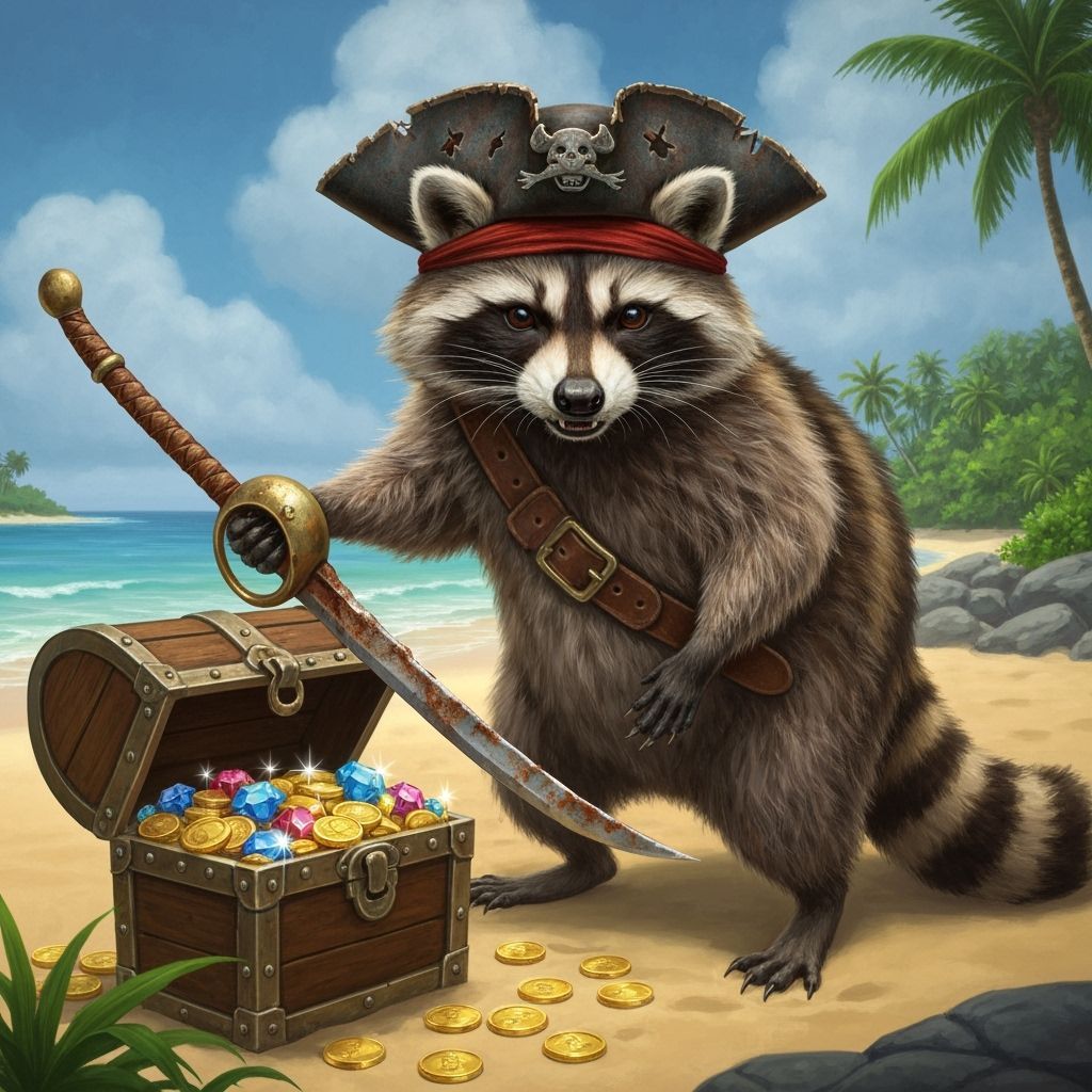Raccoon Pirate Guarding Treasure on Tropical Beach