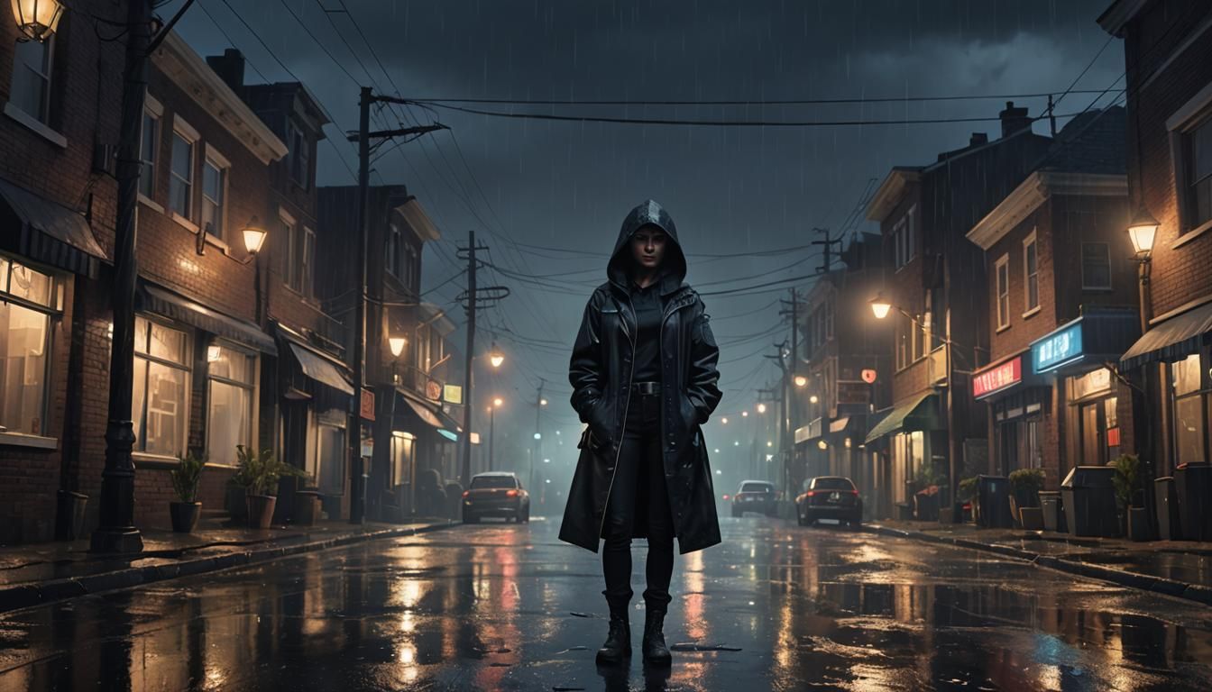 Rainy Night Figure in Detailed Matte Painting