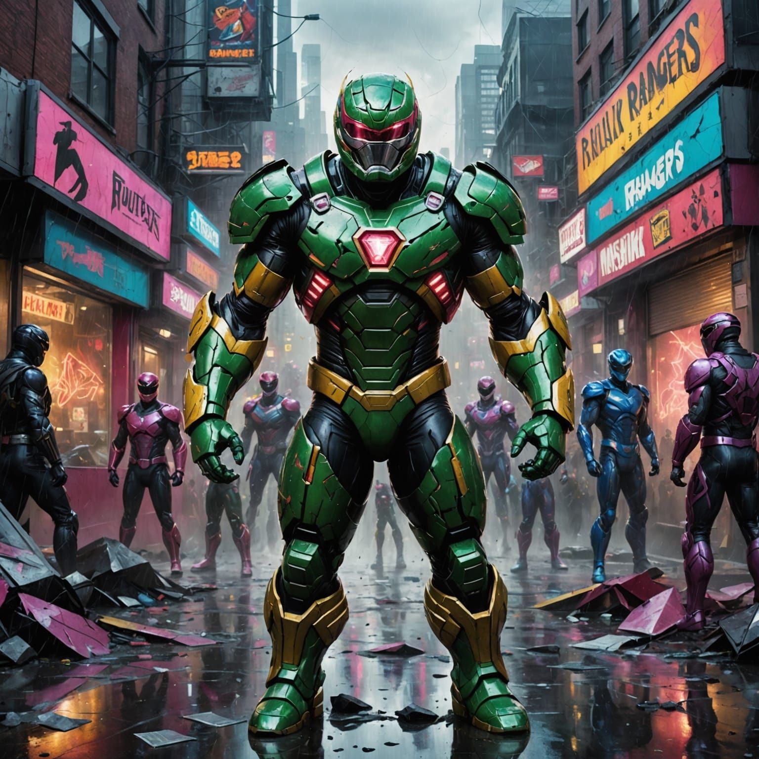 Hulking Figure in Distorted Power Rangers Suit Amidst Urban ...