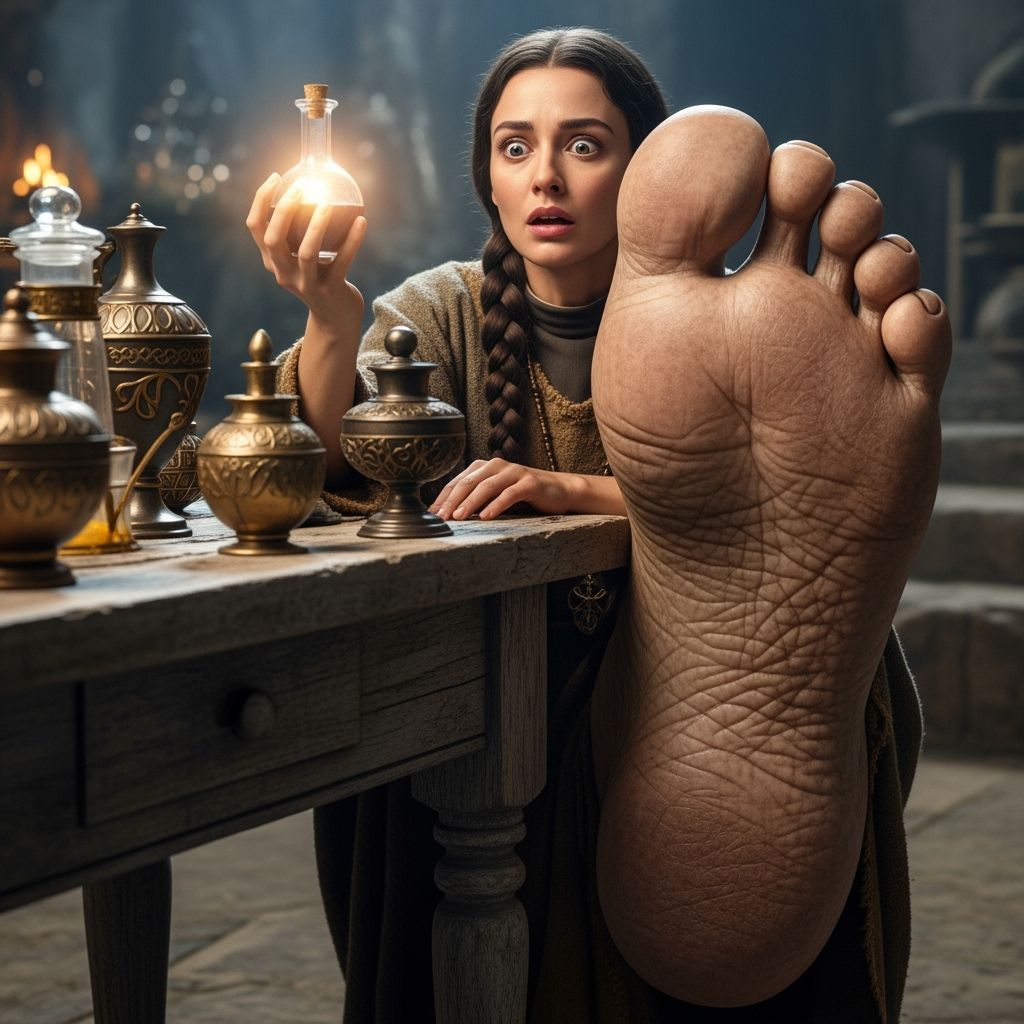 Priestess Shocked By Giant Foot Next To Potion