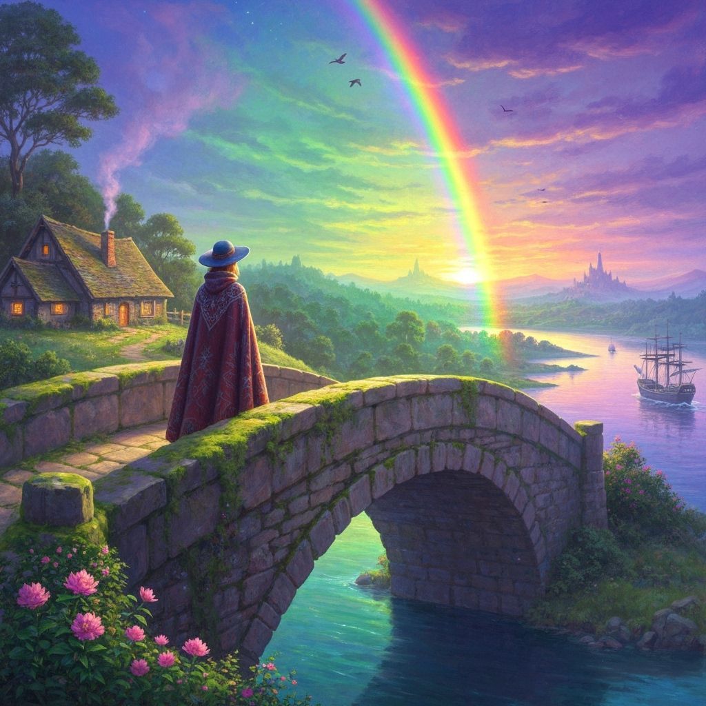 Cloaked Woman on Mossy Bridge at Sunset