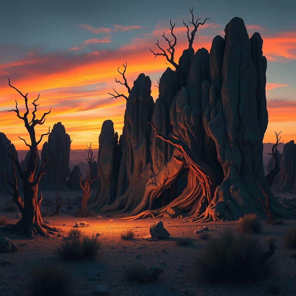 Twilight Landscape of Petrified Eldritch Forest in Desert