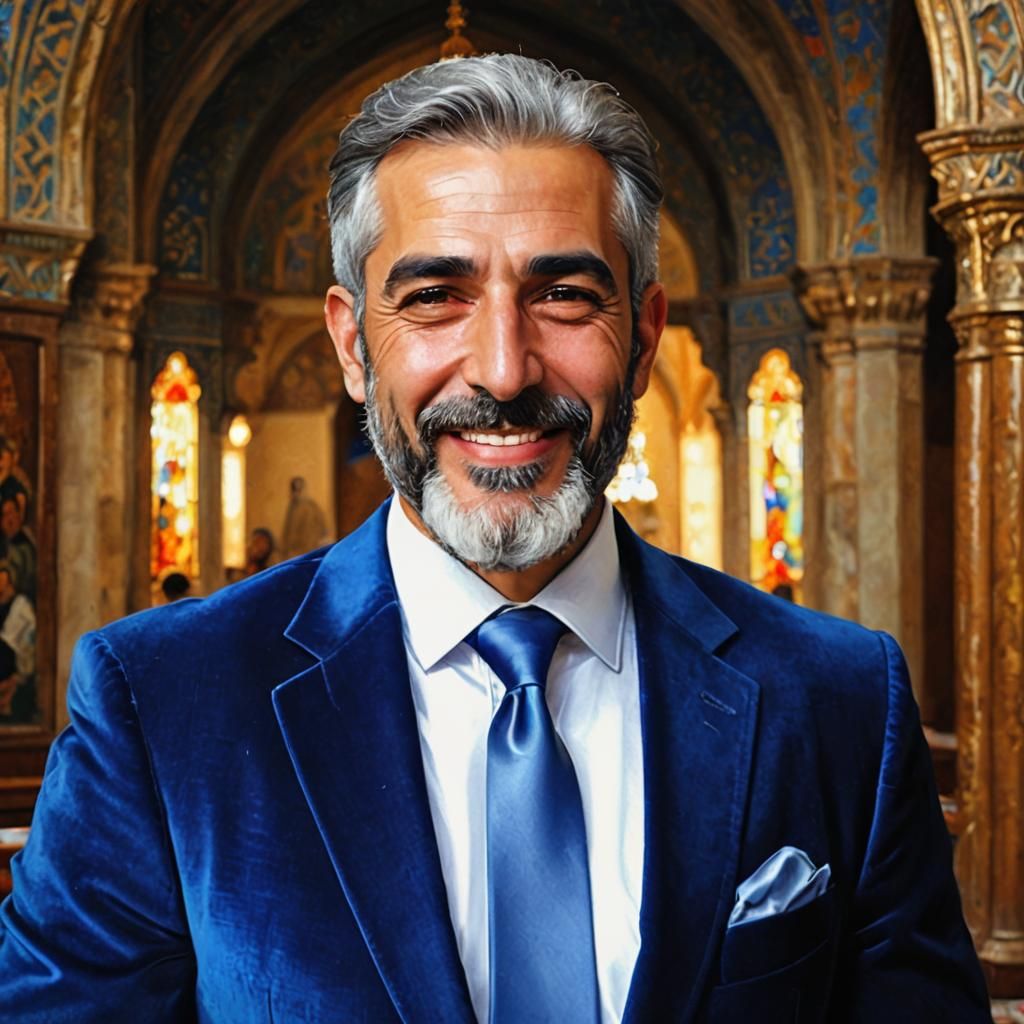 Elegant Gentleman in Blue Velvet Suit, Impressionist Oil Pai...