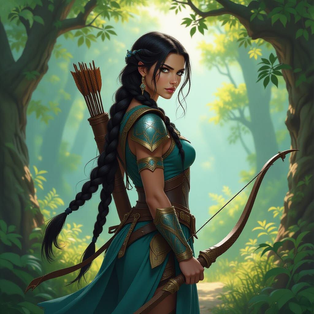 Female Centaur Huntress in Sunlit Forest Clearing