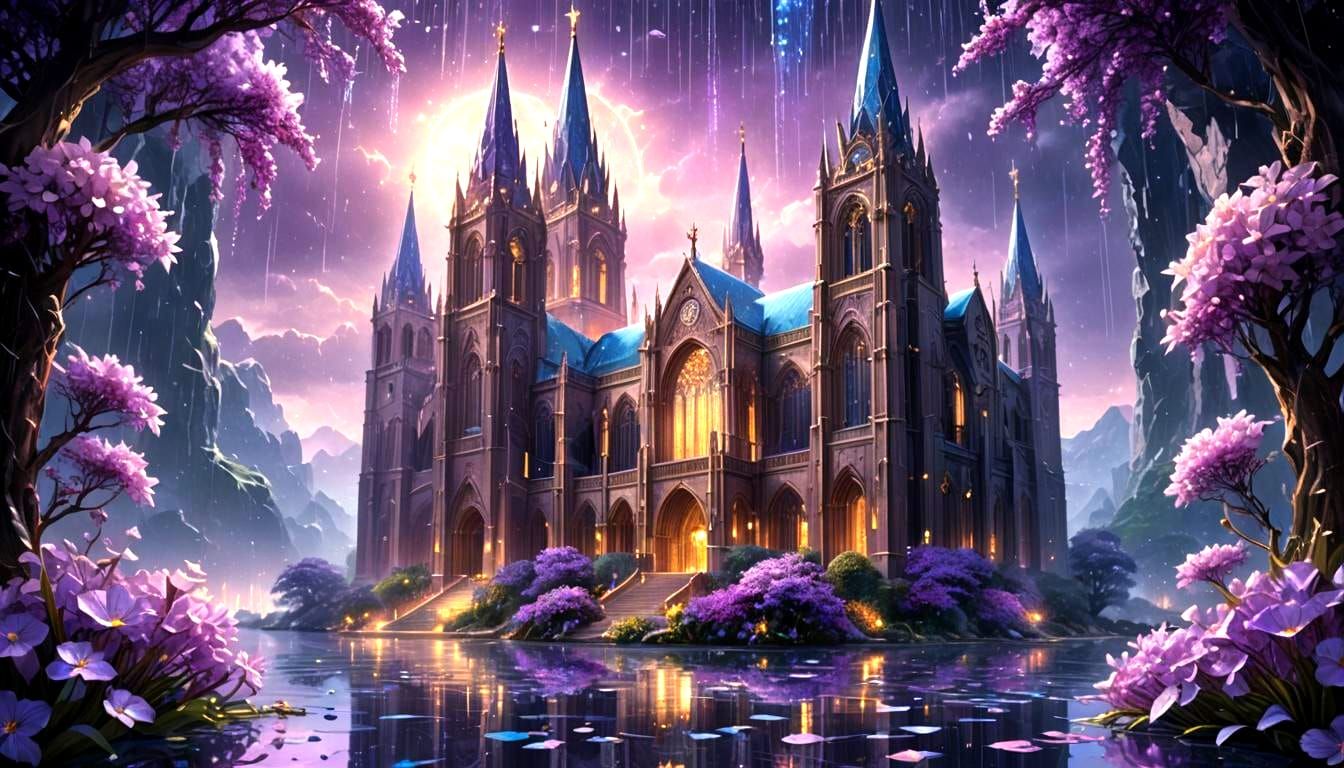 Luminous Flowers Bathed in Purple and Blue Rain