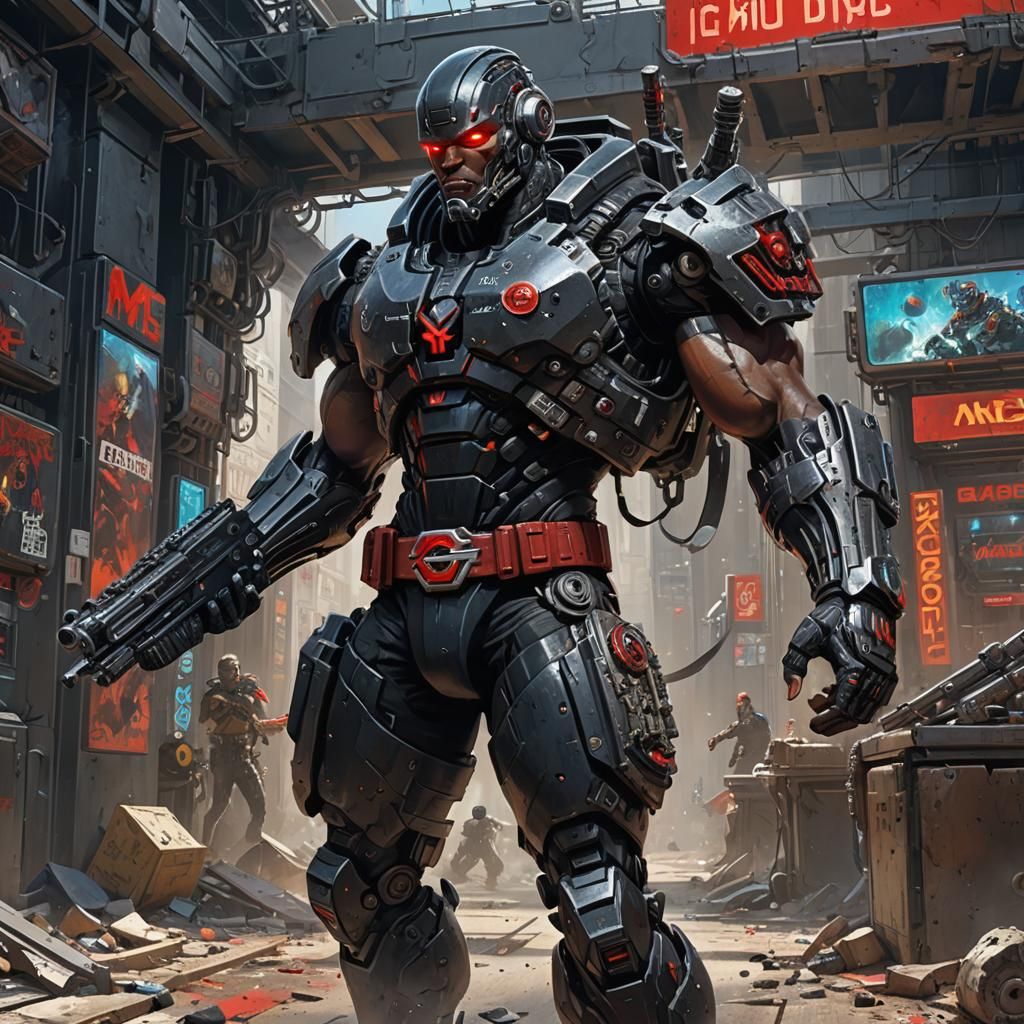 Black Cyborg Warrior in Cyberpunk Lab