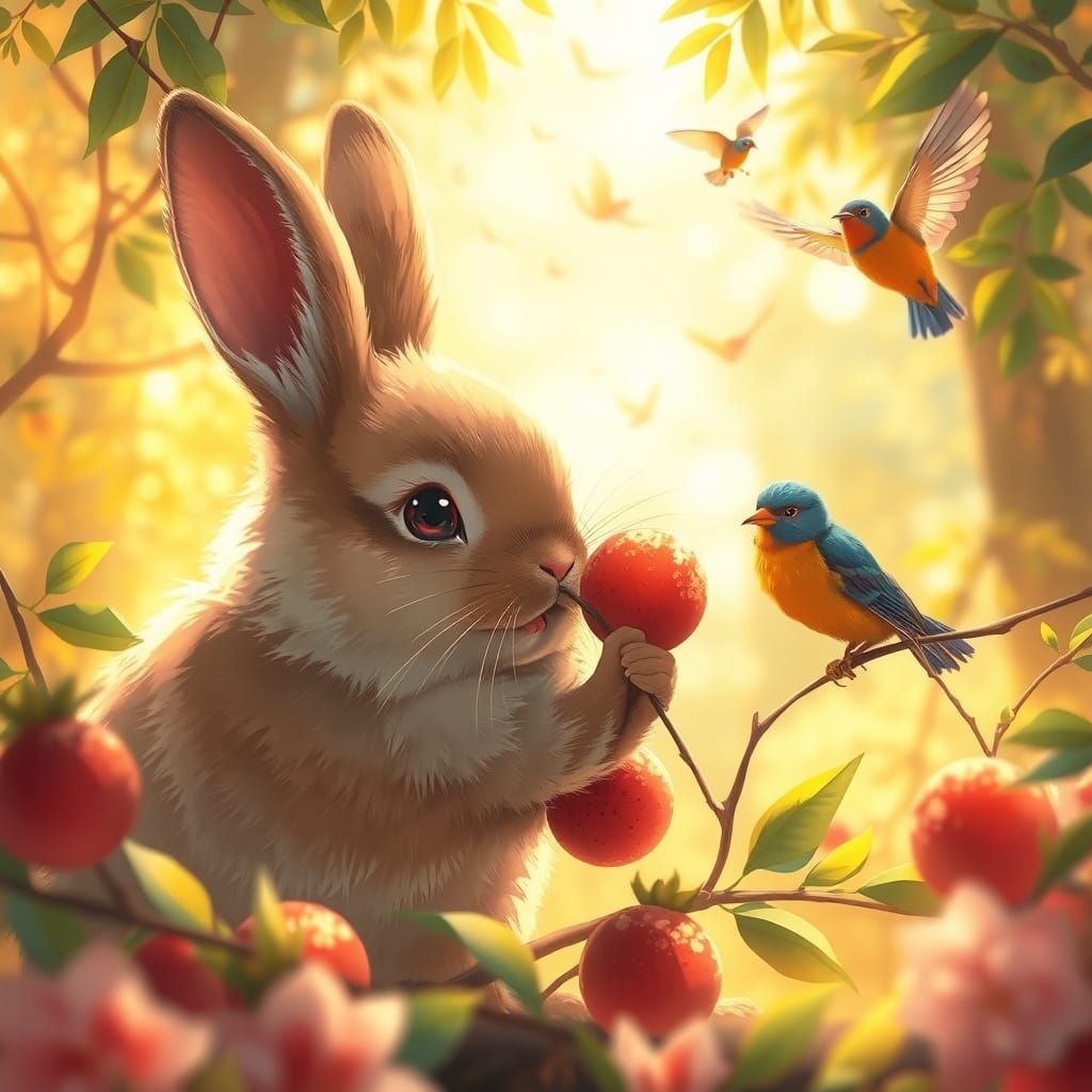 Fluffy Rabbit Eats Lychee in Golden Forest Anime Style