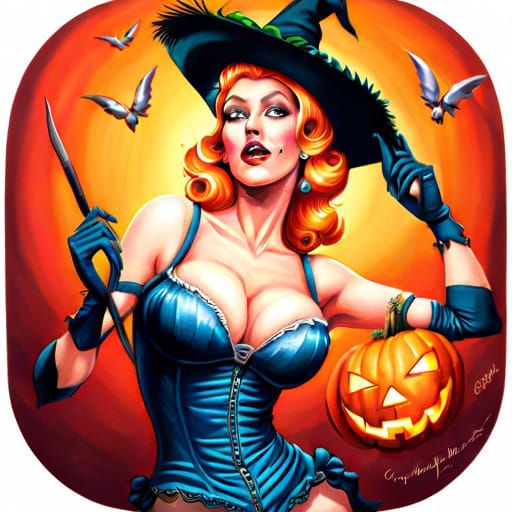 Halloween Pinup Witch in Gouache Style