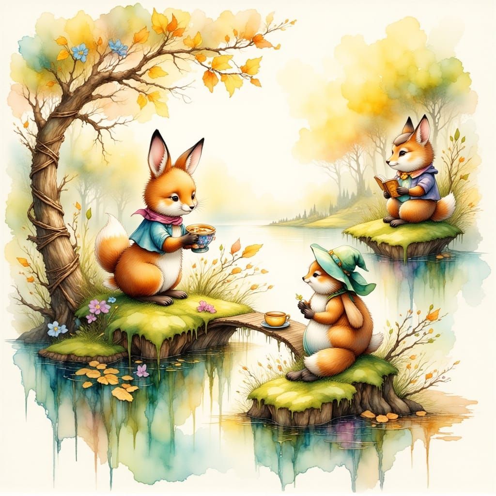 Beatrix Potter Style Bunny and Fox Tea Party on Floating Isl...