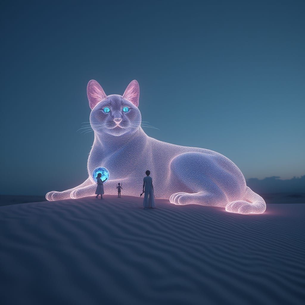 Stardust Cat Lounging in Futuristic Desert Landscape