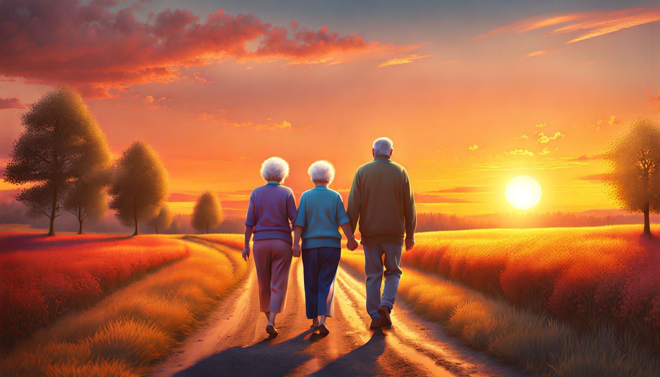 Elderly Couple Walking into Sunset: Detailed Concept Art