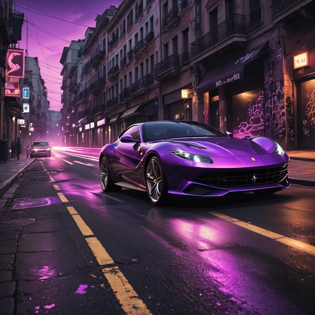 Ferrari Roma in Neon Purple, Hyper-Realistic Digital Art