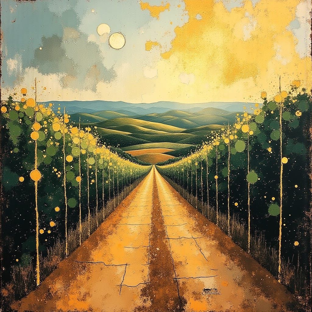 Golden Vineyard Twilight in Neo-Impressionist Style