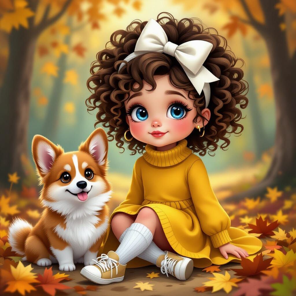 Girl and Corgi in Whimsical Autumn Forest Illustration