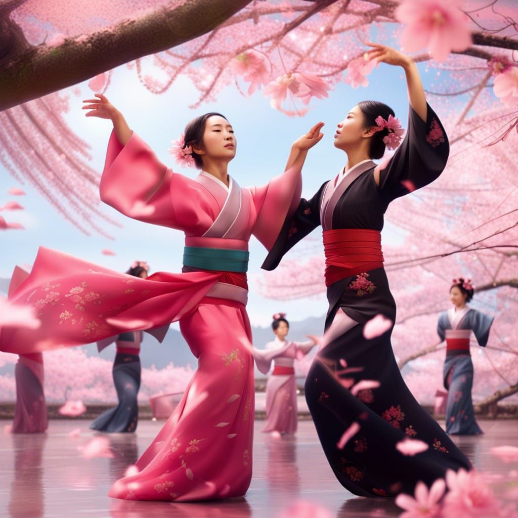 Japanese Dancers Under Sakura Trees: Digital Matte Painting