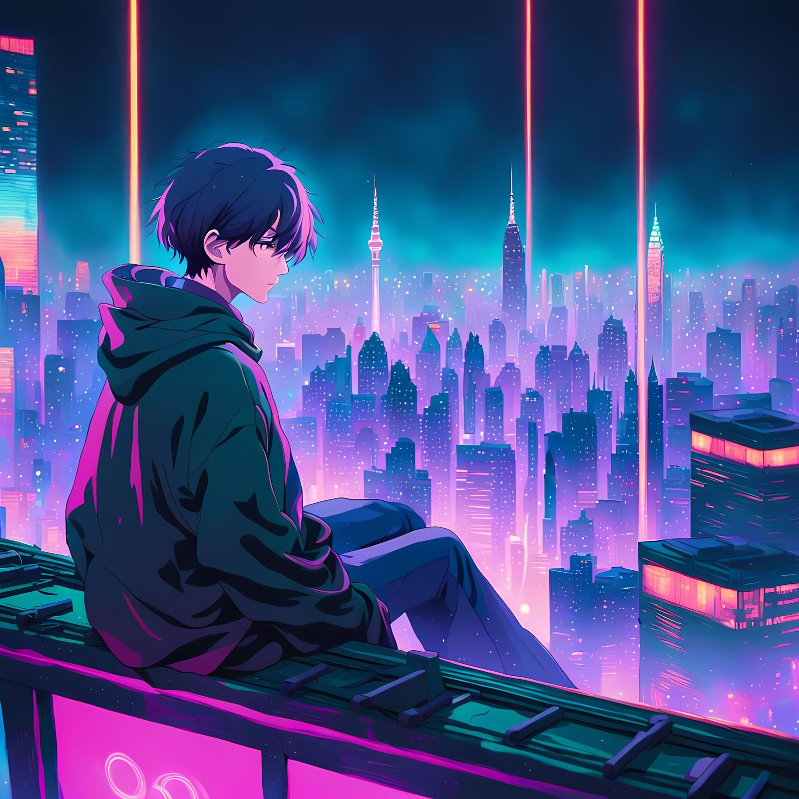 a rooftop at night, with the boy sitting at the edge, starin...