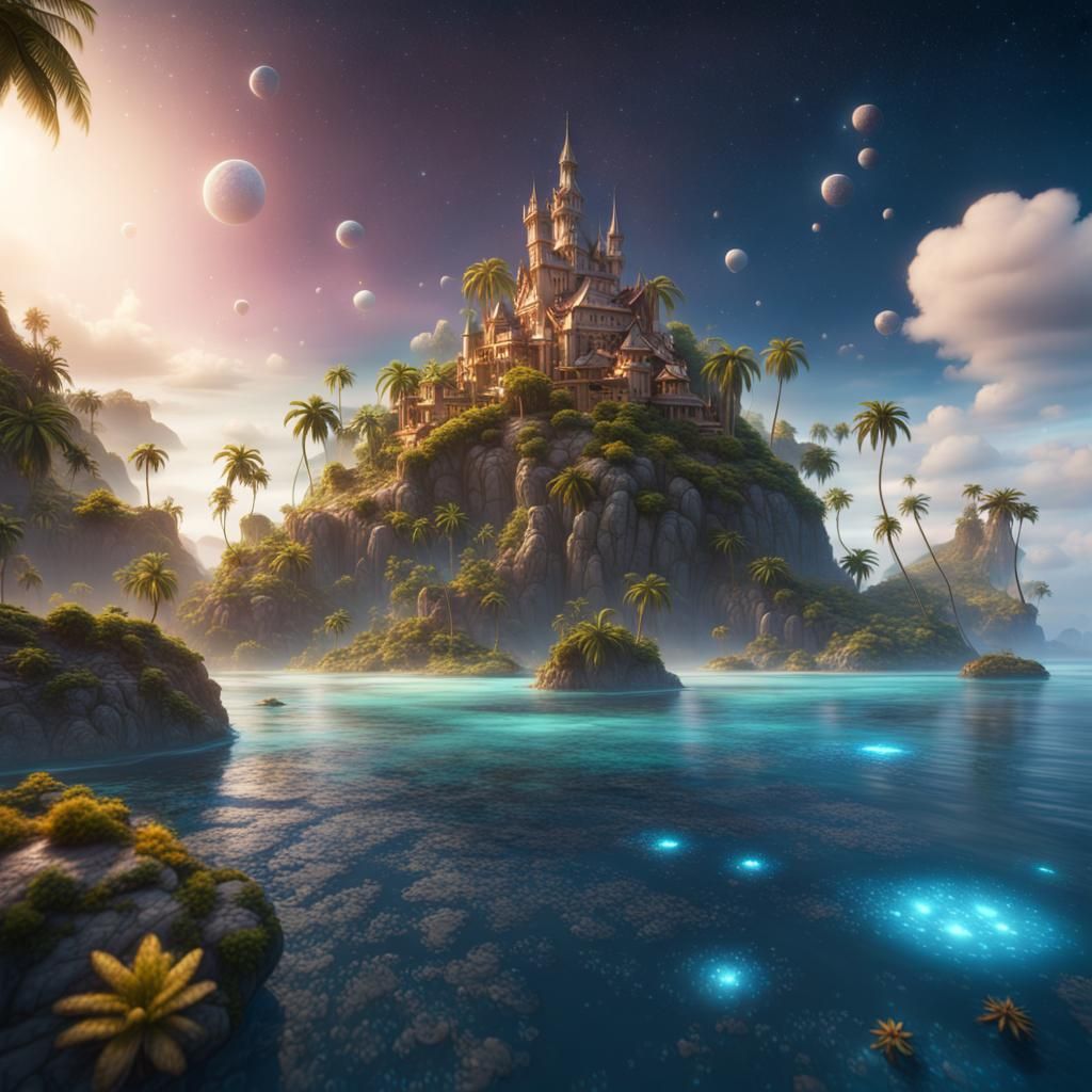 Paradise Island Floating in Starry Sea: Matte Painting