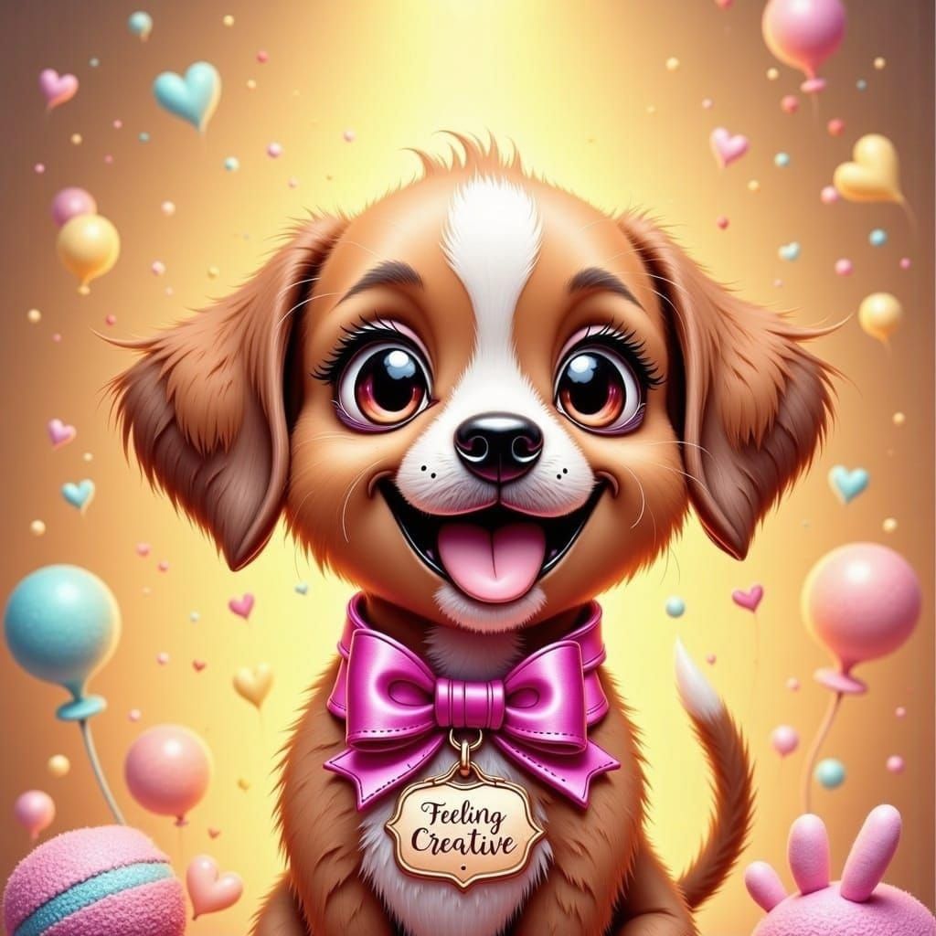Joyful Puppy with Pink Bow in Whimsical Style