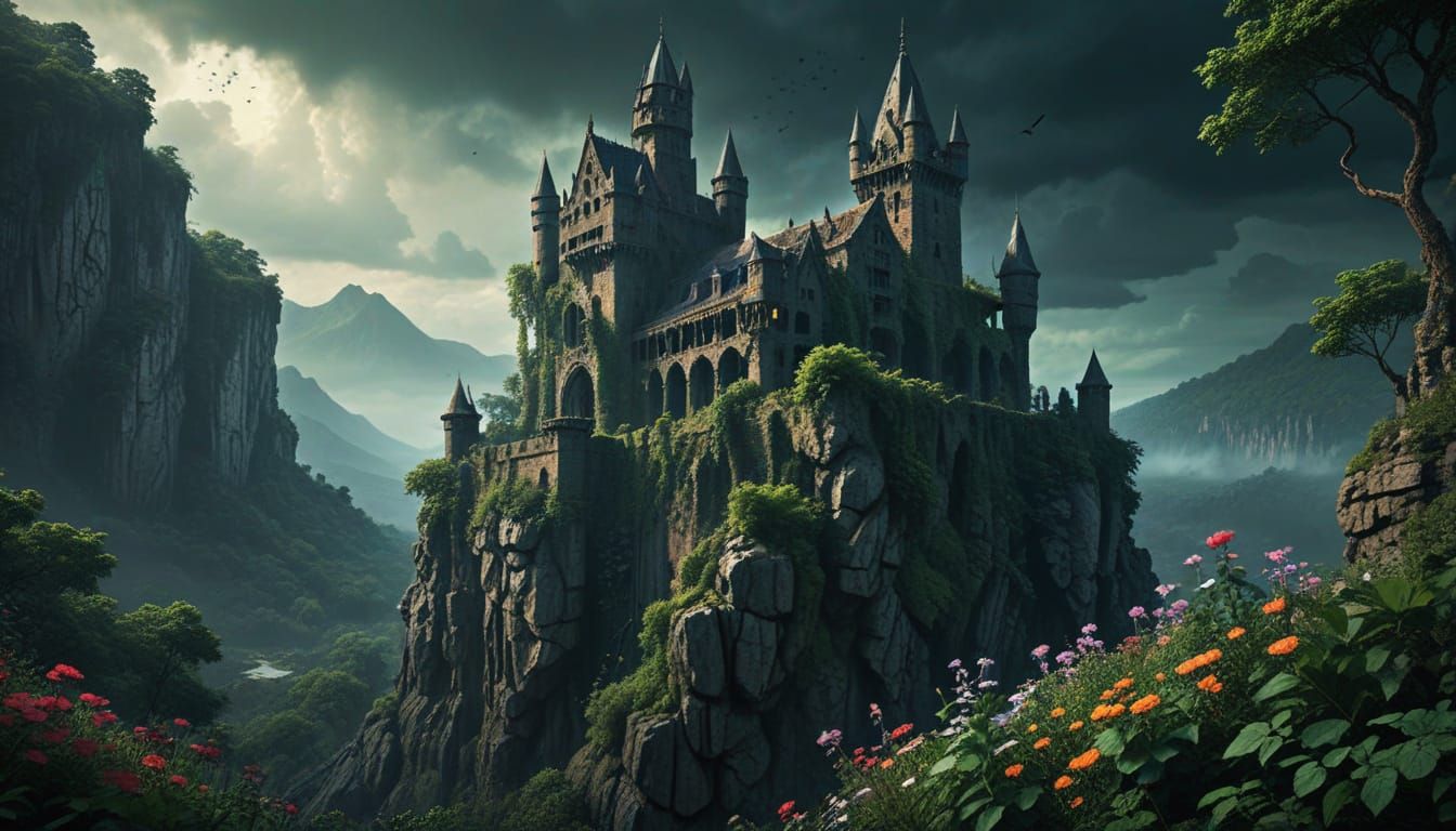 Mystic Ruined Castle on Cliff Overlooking Forest