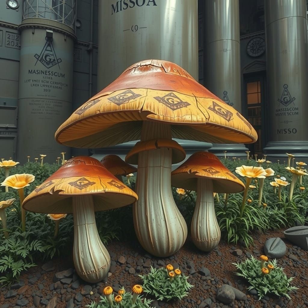 Cyberpunk Linocut Sculpture of Mushroom Flags and Antique Ma...