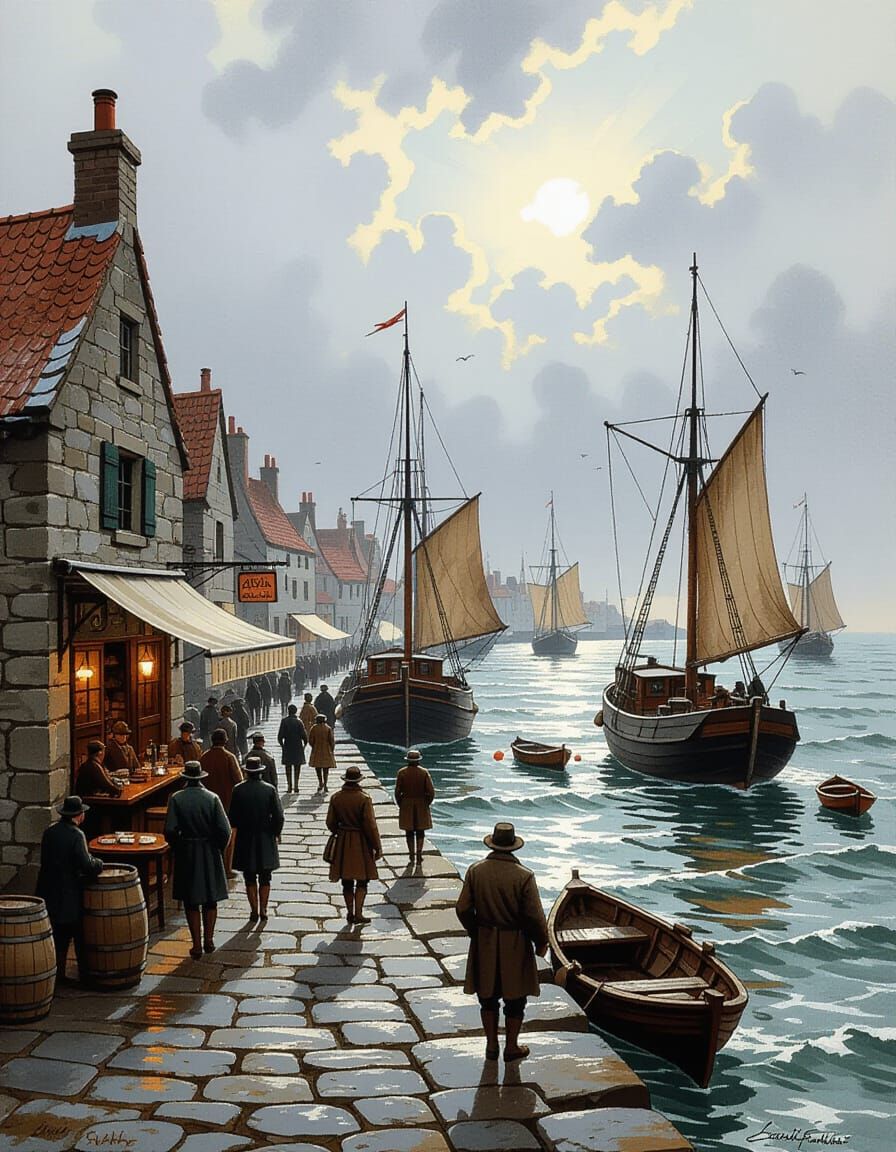 19th Century Seaside Tavern Scene With Sailors and Ships