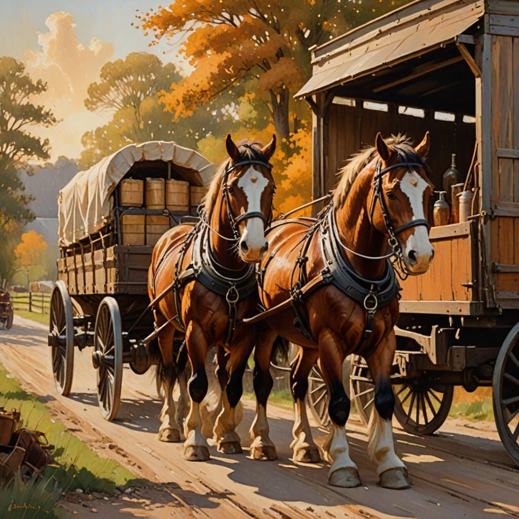 Clydesdale Horses Pulling Brewery Wagon, Impressionist Oil P...