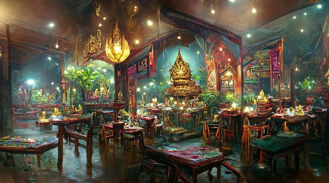 Elaborate Thai Cafe at Night as Digital Art