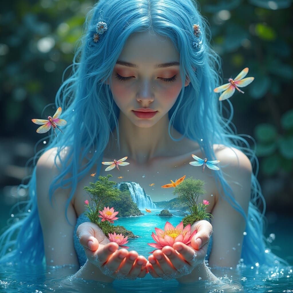 Ethereal Goddess of Vibrant Blue Water Paradise