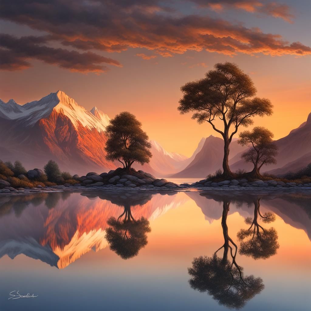 Reflections: Serene Lake Mirrors Landscape at Sunset