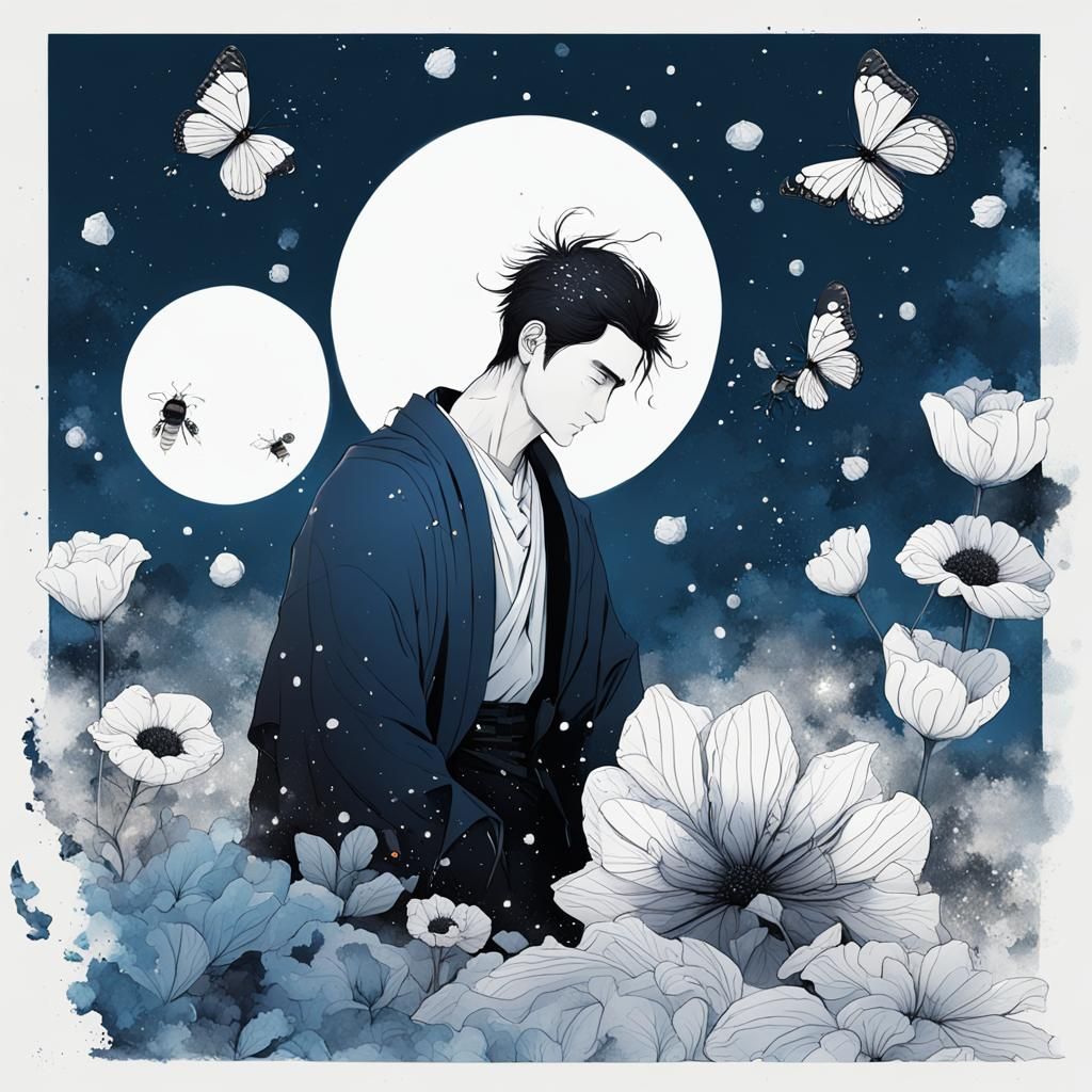 Tired Man in Zen Garden at Night