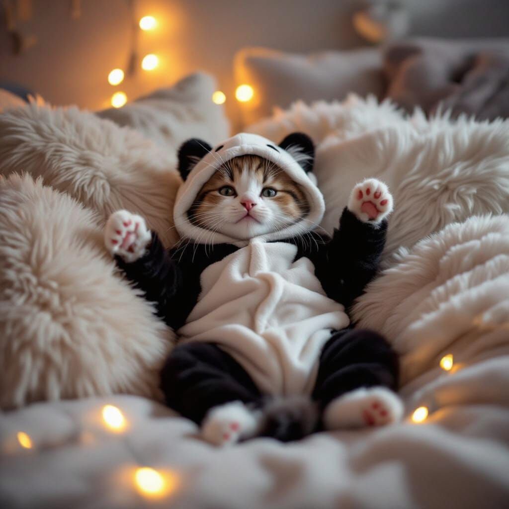 Cute Kitten in Panda Pajamas on Fluffy Cushions