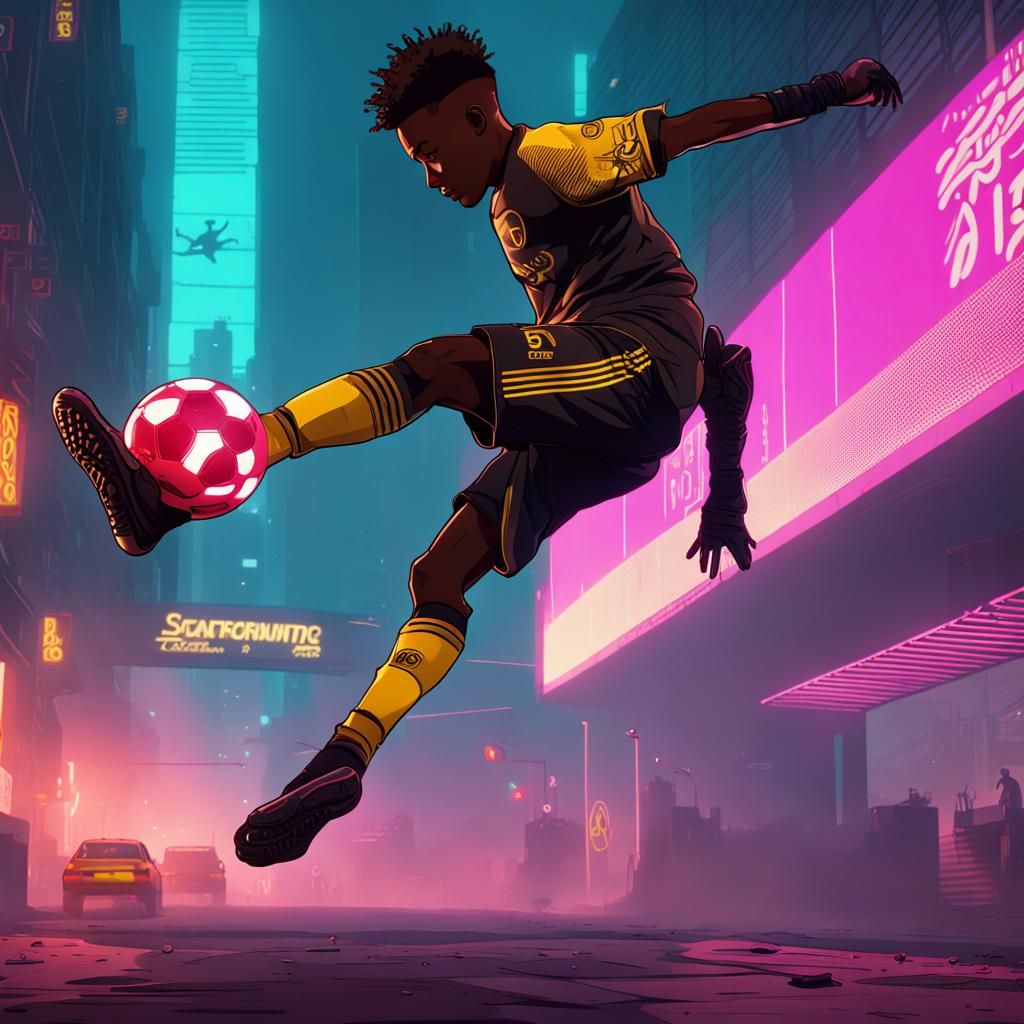 Black Boy's Bicycle Kick in Cyberpunk Neon Scene