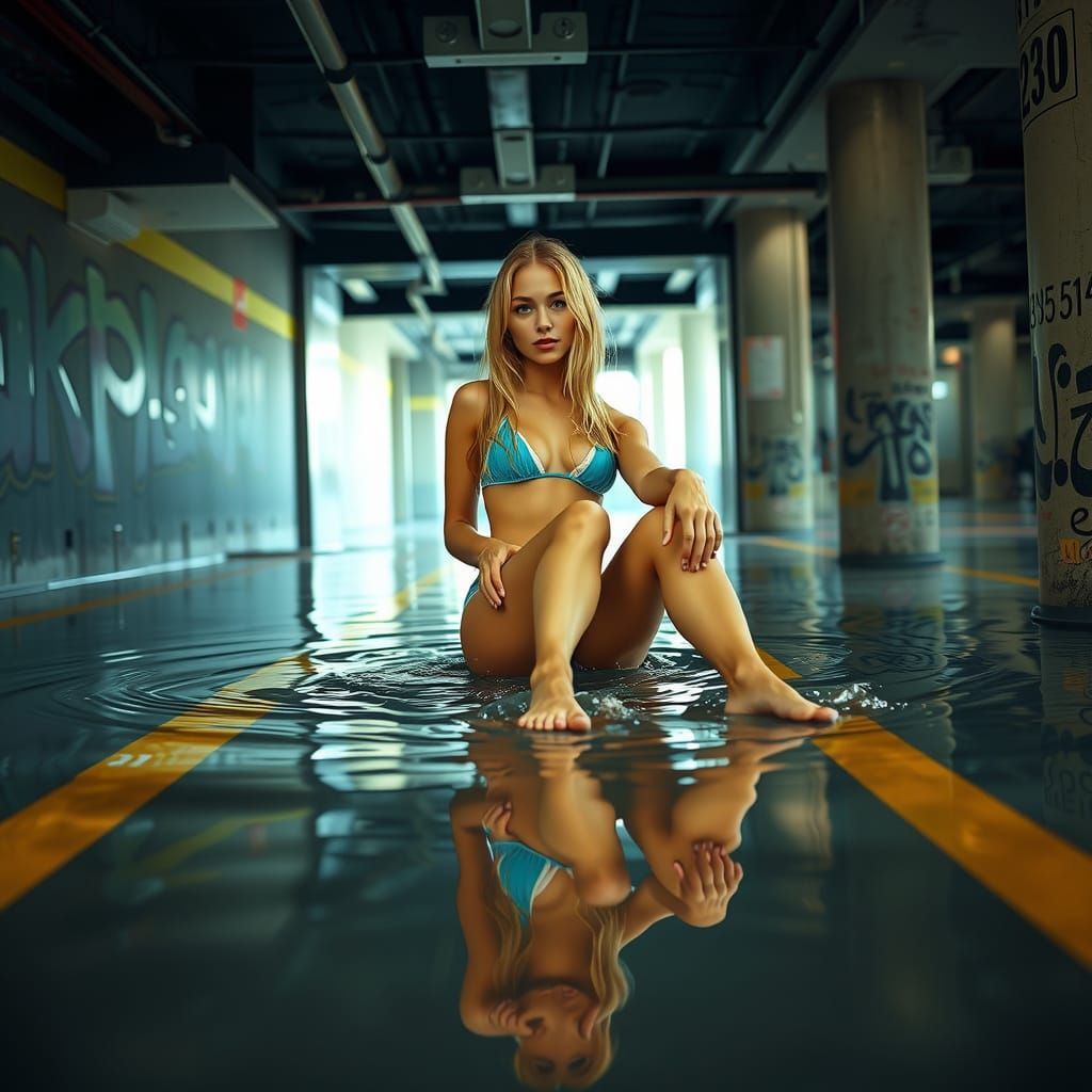 Woman Sits On Open Elevator Door Amidst Urban Flood