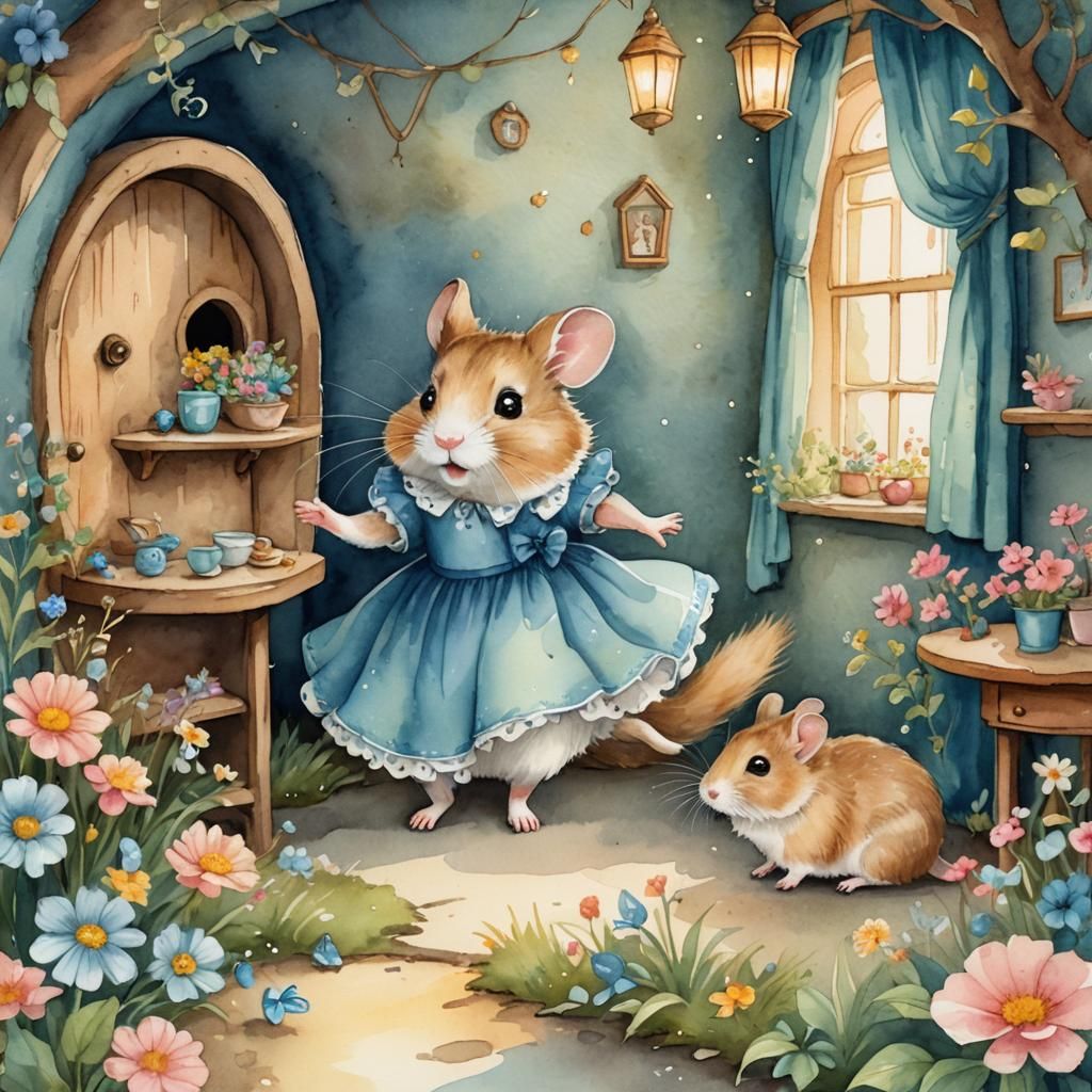 Hamster as Alice in Wonderland: Watercolor Illustration