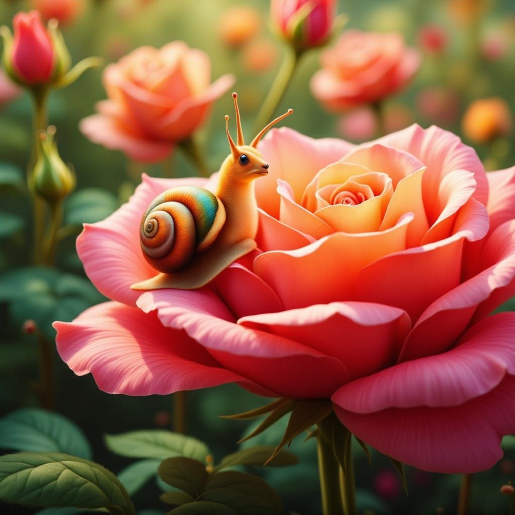 Cute Cartoon Snail on Rose Leaf