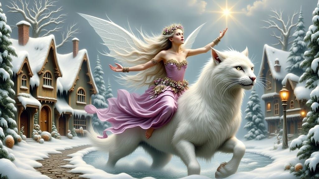 Fairy on Frosty Cat Rides through Winter Wonderland in Ether...