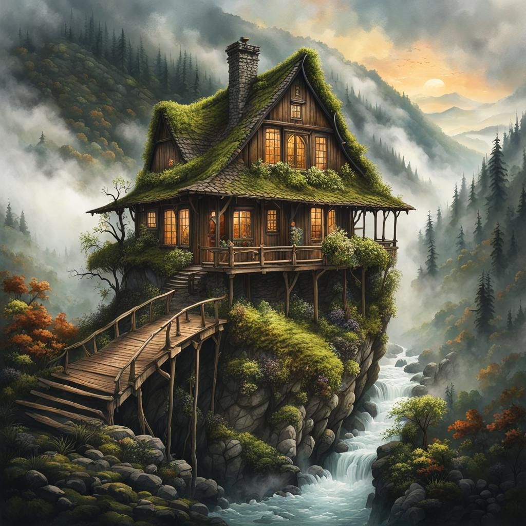 Cliffside Cottage in Watercolor and Ink Style