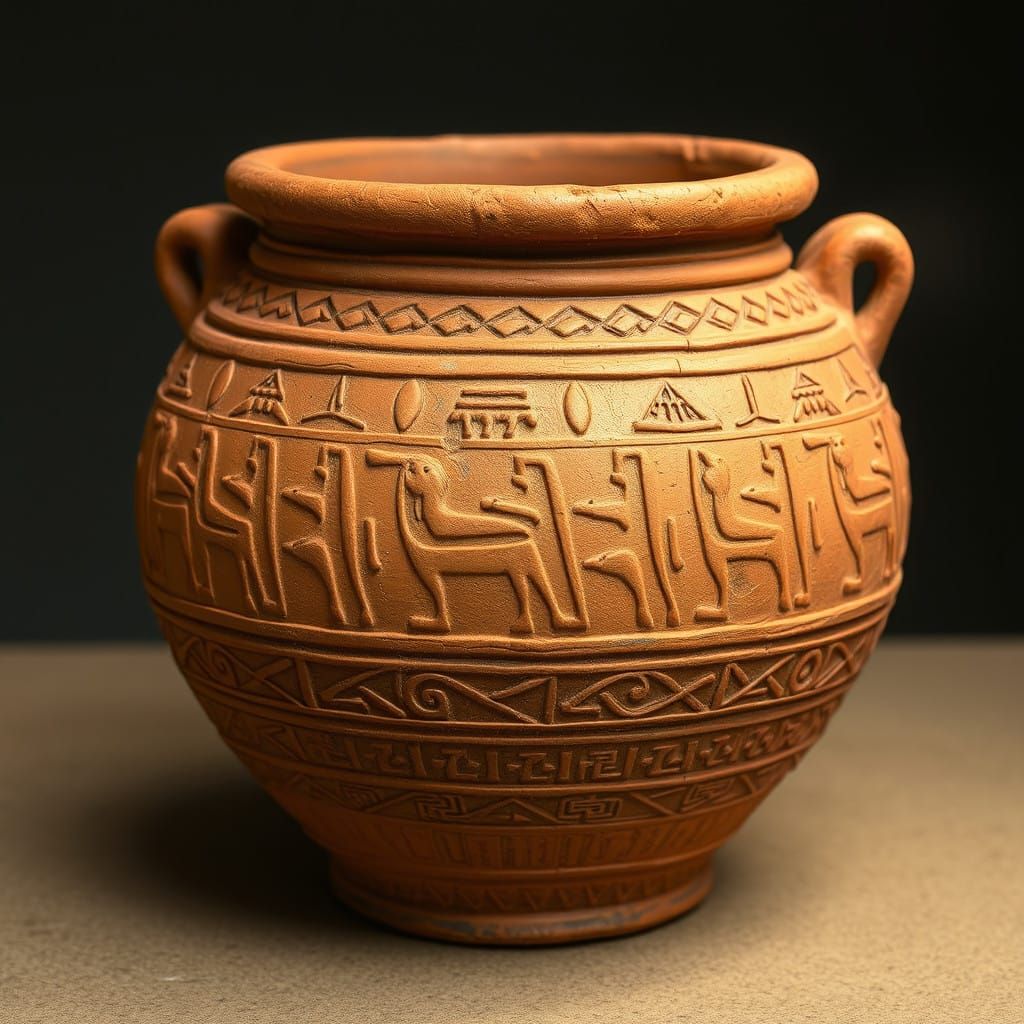 Ancient Egyptian Clay Pot with Ornate Hieroglyphics