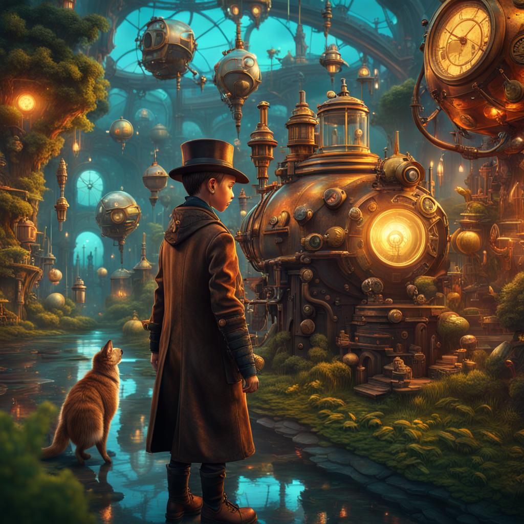 mage reflecting on a steampunk scene with a weird kid and fu...
