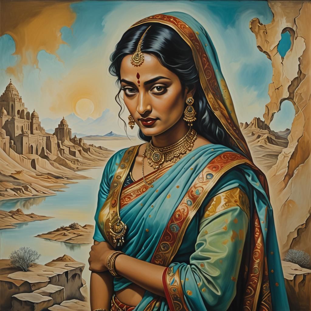 Surreal Indian Woman in Sari, Dali-esque Oil Painting