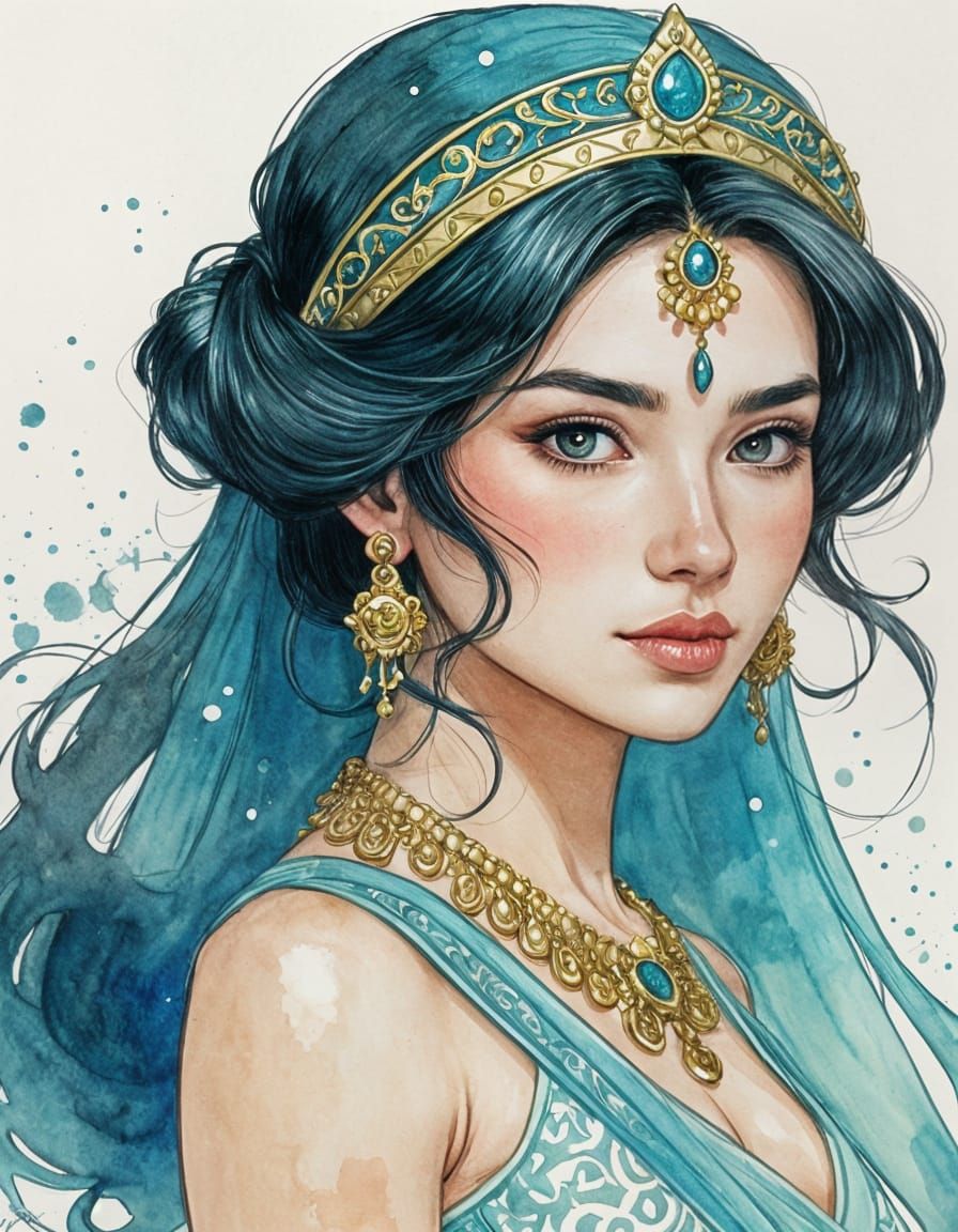 Princess Jasmine: Ink and Watercolor Portrait