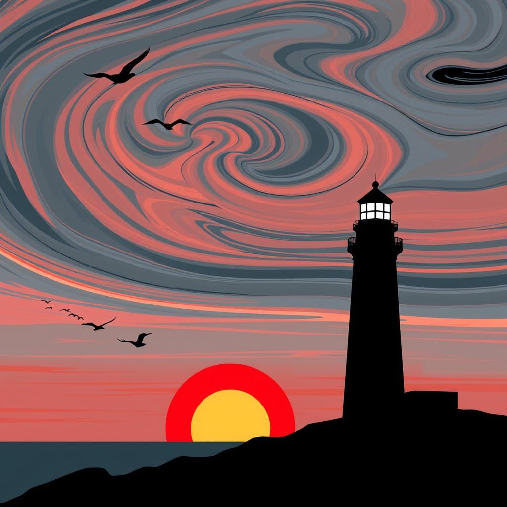 A black lighthouse with swirly coloured sky and bird silhoue...