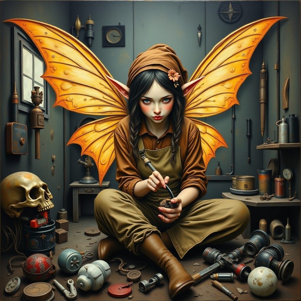 Fairy Elf Mechanic in Garage, Detailed Folk Art