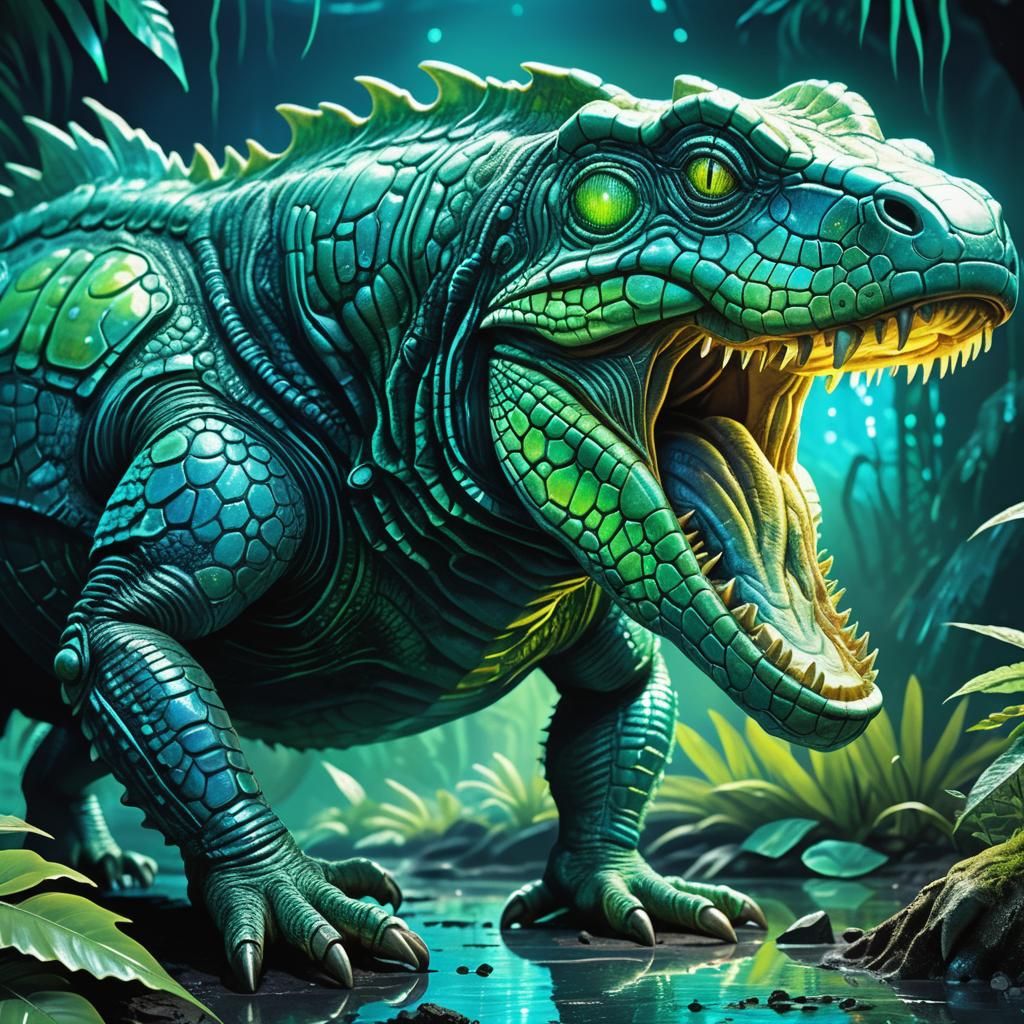 Biomechanical Alien Creature in Neon Jungle