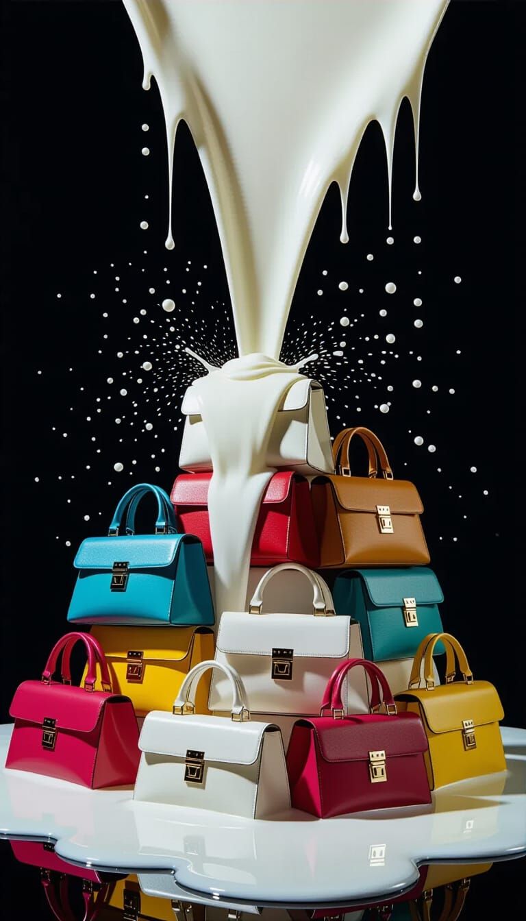 Fashion Bag Pyramid with Milk Stream: Commercial Photo