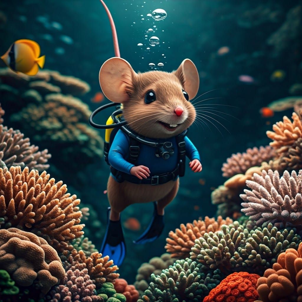 Mouse Diver Among Coral: Cinematic Still